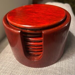 Vtg 8-pcs Lacquered Stained Rosewood Coaster/Holder Set w/ Velour Back #1026256